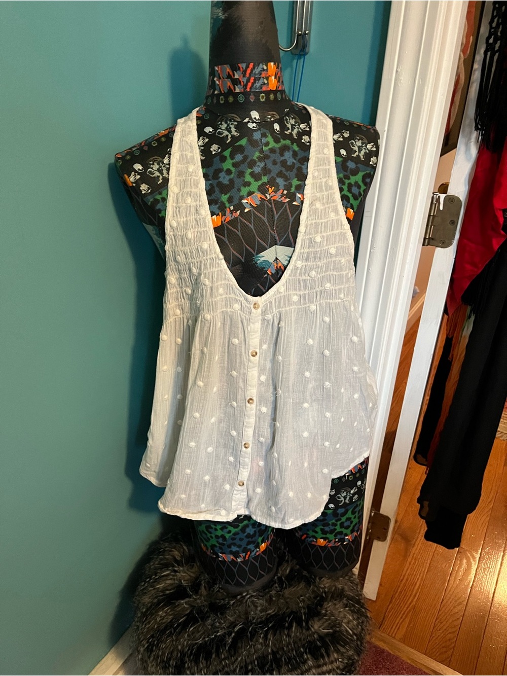 O'Neill Cream Swiss Dot Button-Front Racerback Tank